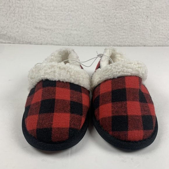 Nordstrom Rack Faux Shearling Slippers Kid's 11/12 Red Bloom Buffalo Plaid 8009 - Picture 2 of 10